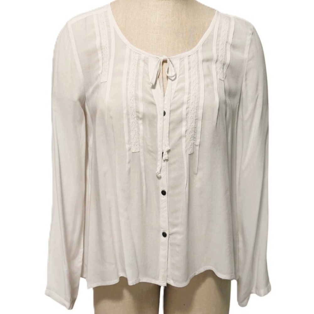 Sun 'n' Shadow Ivory 100% Viscose Sheer Boho Peasant Blouse Size M Lace Tie Neck